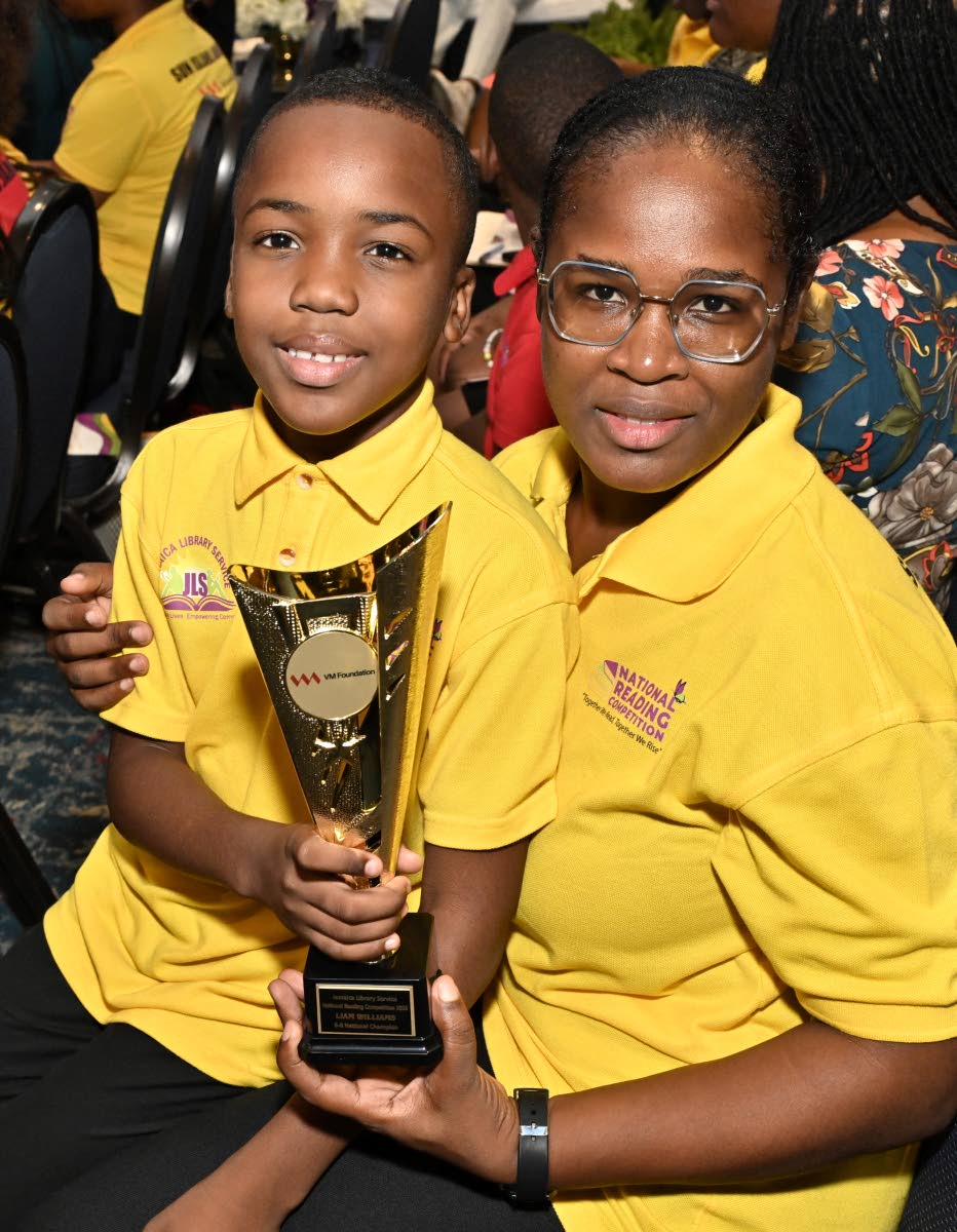 Jamaica Library Service National Champion 2026 Liam Williams, of the 6-8 age group; with his mother Marsha-Lee Mundle, parish champion for Portland in the 21 and over category. 