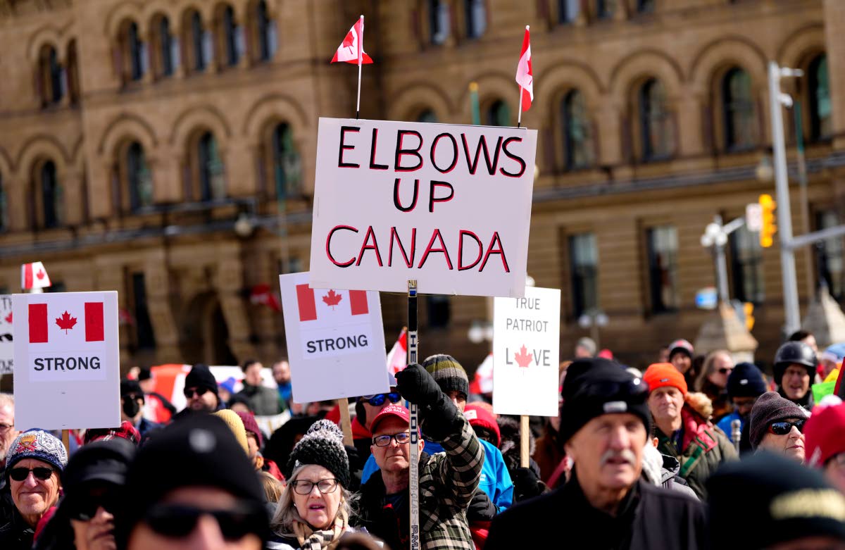 FILE - People rally in response to U.S. President Donald Trump’s threats to Canadian sovereignty on Parliament Hill in Ottawa, March 9, 2025. (Justin Tang/The Canadian Press via AP File)