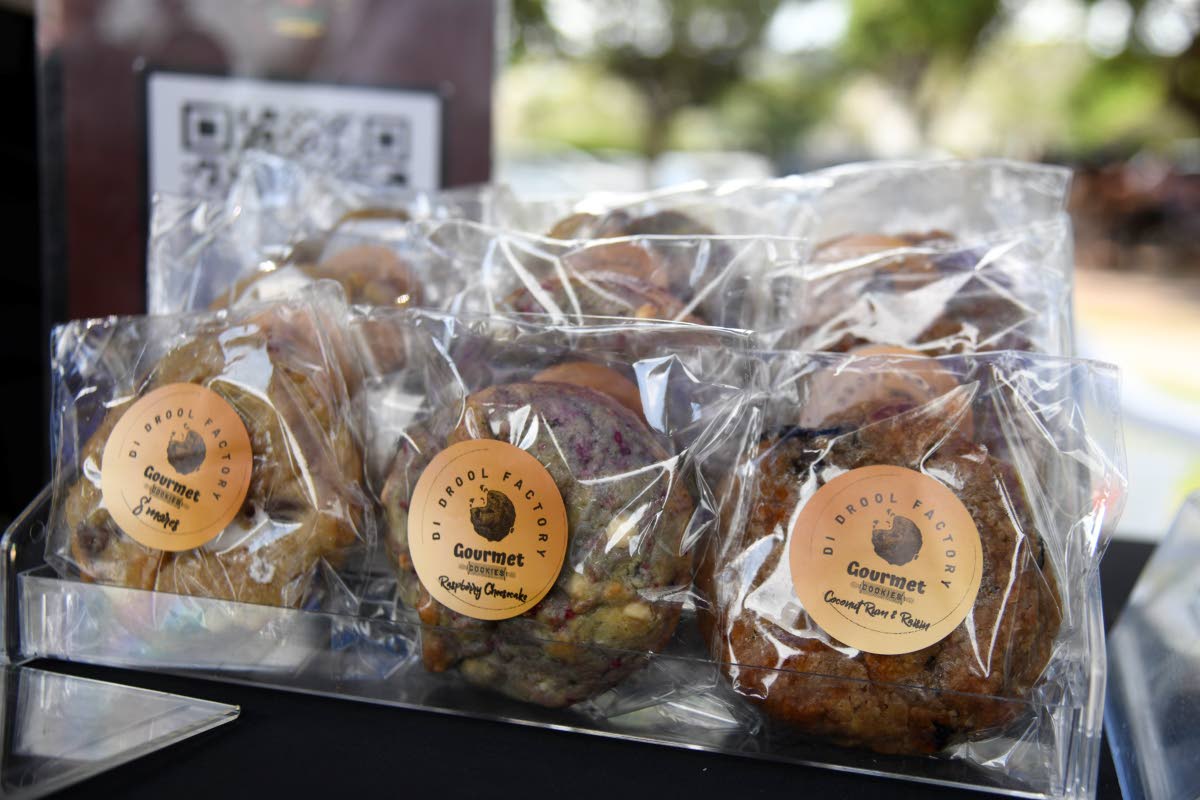 Fresh, flavour-packed and ready to tempt! A line-up of Di Drool Factory’s gourmet cookies (from left): loaded s’mores, raspberry cheesecake and coconut rum & raisin awaits sweet-toothed customers at its Devon House pop-up.