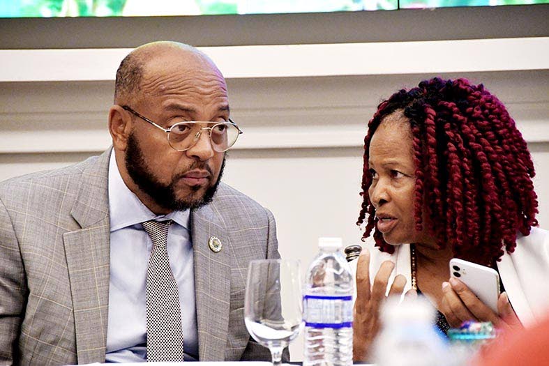 Dr Marva Hewitt (left), chief executive officer and managing director of the Food Hygiene Bureau, makes a point to Mayor of St Ann’s Bay Michael Belnavis during Tuesday’s launch of the 10th International Conference on Food Security and Sovereignty at S