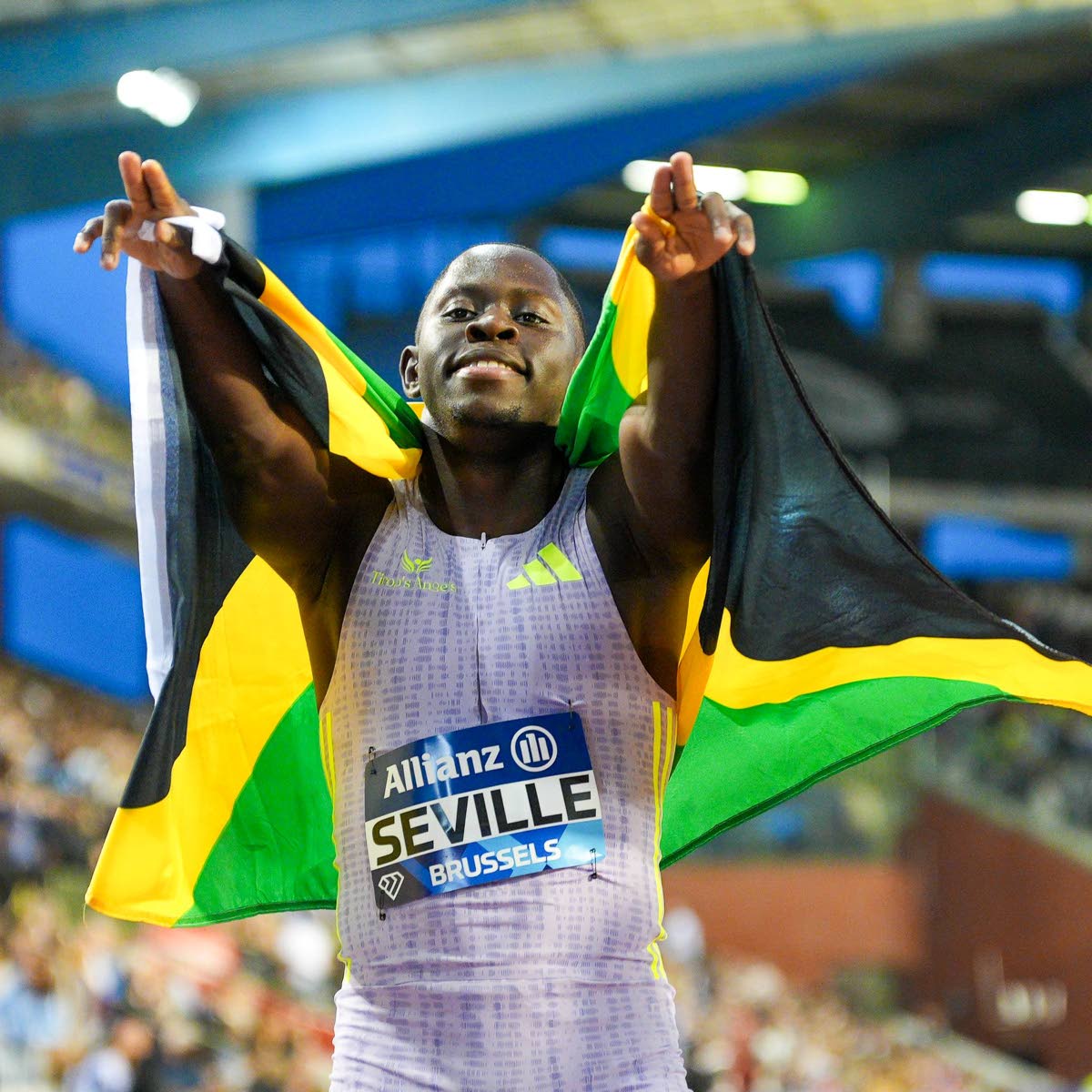 Jamaica’s Oblique Seville celebrates after capturing the men’s 100 metres at yesterday’s Wanda Diamond League Finals in Brussels.