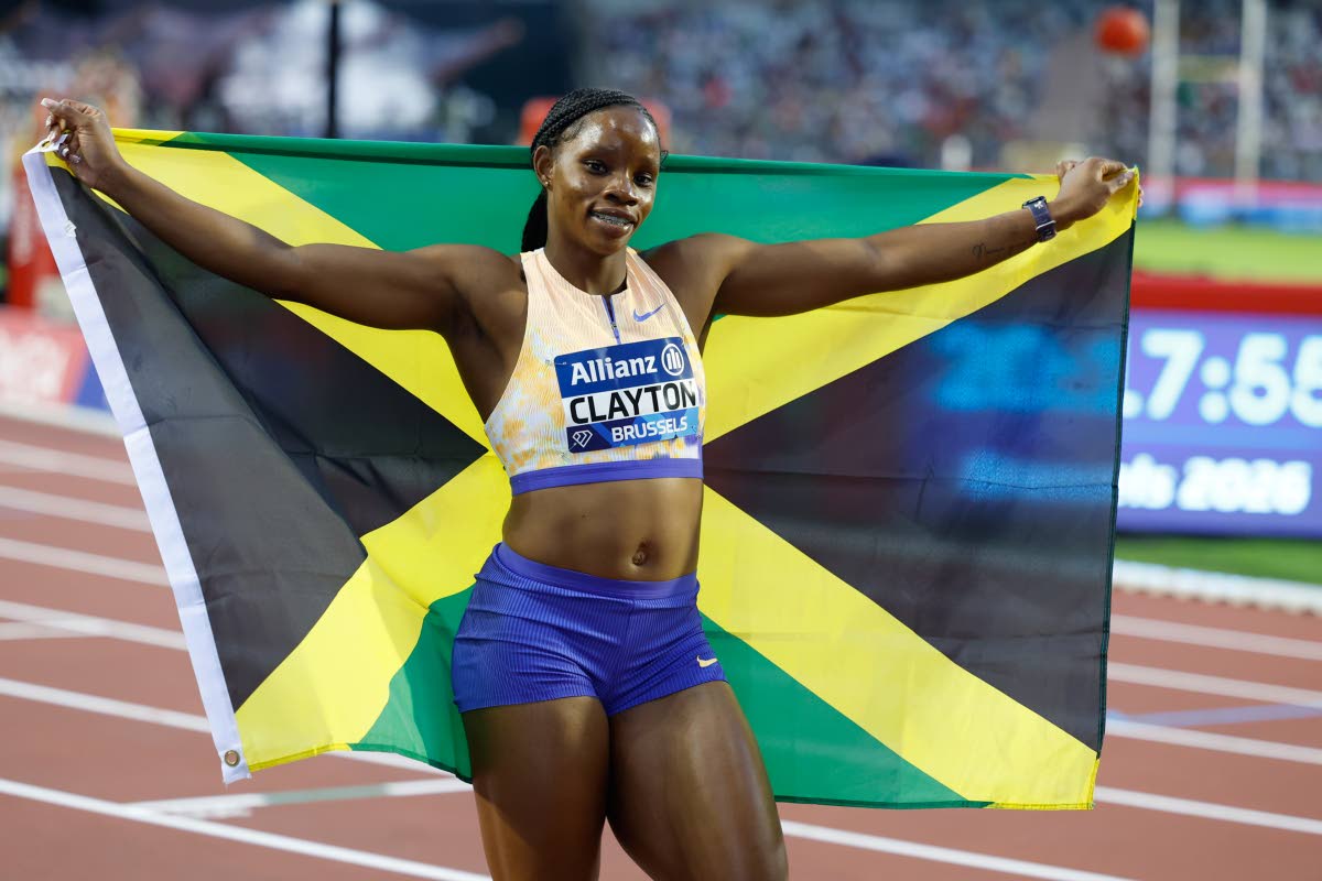 Jamaica’s Tina Clayton celebrates winning the women’s 100 metres at the Diamond League athletics meeting in Brussels, Belgium on Saturday.