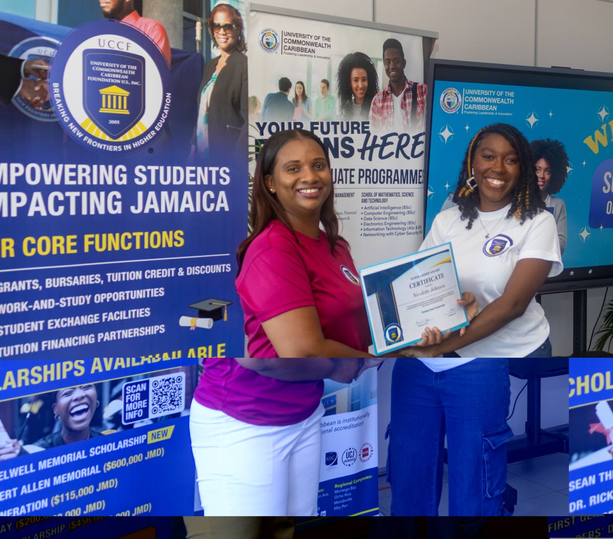 UCC Foundation Administrator Shelly-Ann Sital hands over the award certificate to Helping Hand scholarship recipient Nicholette Johnson at the Scholarship Orientation ceremony. First of its kind, the UCC Foundation welcomed 65 recipients into the UCCF comm