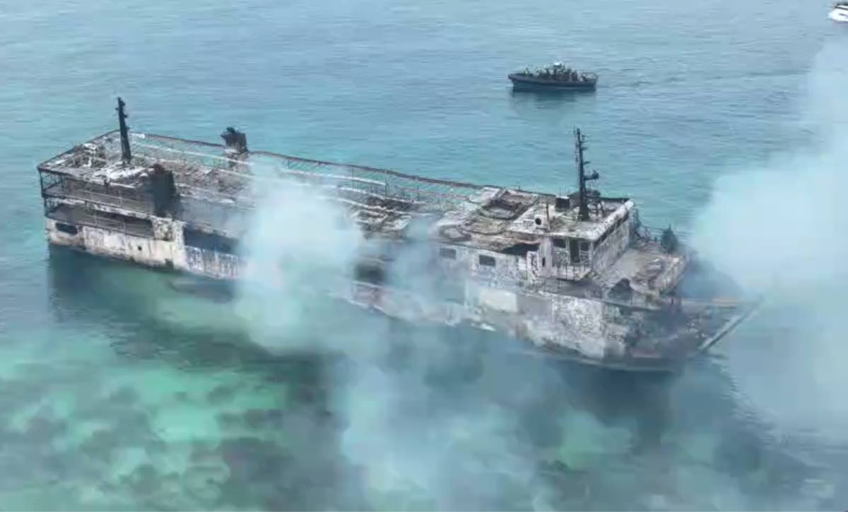 In this image taken from video provided by the Philippine Coast Guard, remains of ferry MV June Aster that caught fire off Palawan province, western Philippines on Thursday Sept. 10, 2026. (Philippine Coast Guard via AP)
