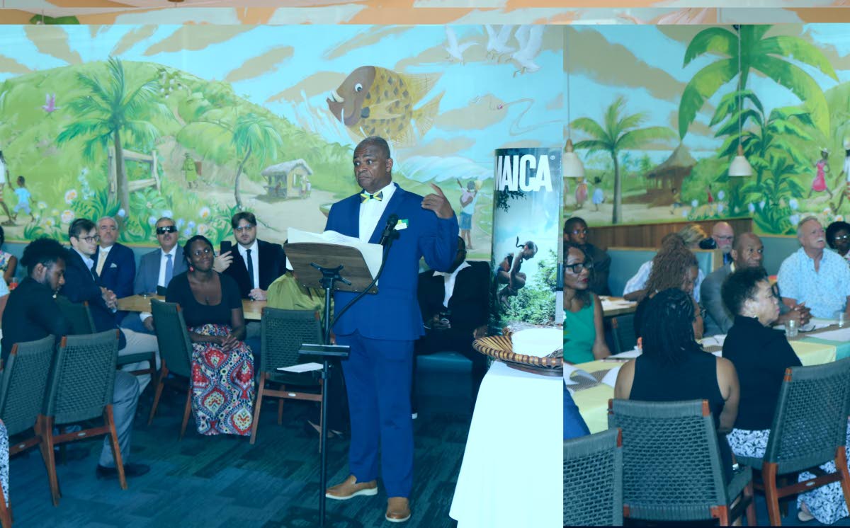 Newly installed Jamaica’s honorary consul to Richmond, Lieutenant Karl M. Bryan, delivers his acceptance remarks during his installation ceremony at Carena’s Jamaican Grill in Richmond on Sunday, August 23, 2026.