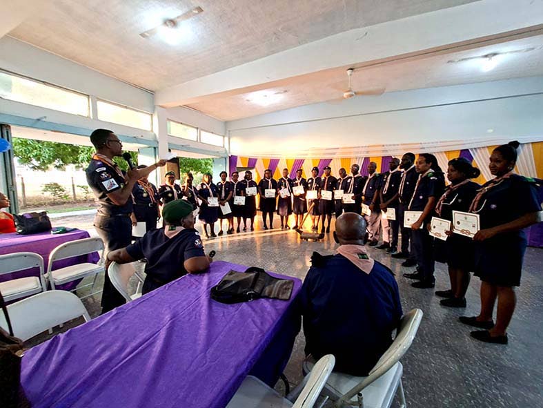 Kevin Richards (centre), chief commissioner of the Scout Association of Jamaica, congratulates newly recognised leaders who earned their Wood Badge and joined the national and international fellowship of Gilwellians.
