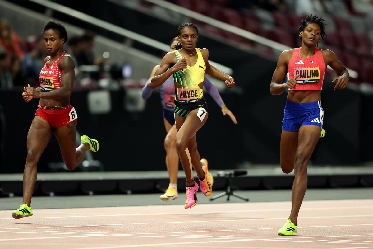 From left: Salwa Eid Naser, of Bahrain, Nickisha Pryce, of Jamaica, and Marileidy Paulino, of the Dominican Republic, react during the women’s 400-metre semi-final at the World Athletics Ultimate Championship in Budapest, Hungary, on Friday.