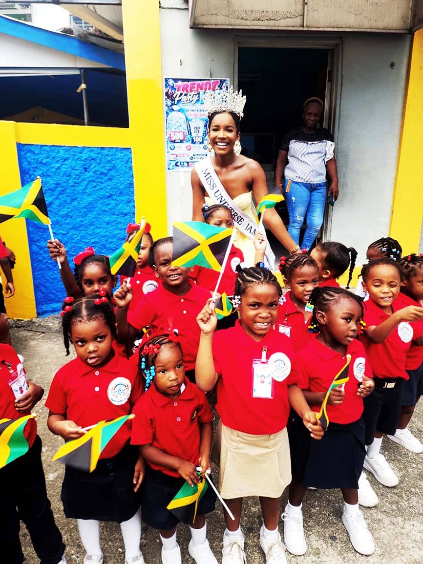 Miss Universe Jamaica 2026 Celene Hall is welcomed by students of Legendary Preparatory School in Buff Bay, Portland, during her parish tour last Friday.
