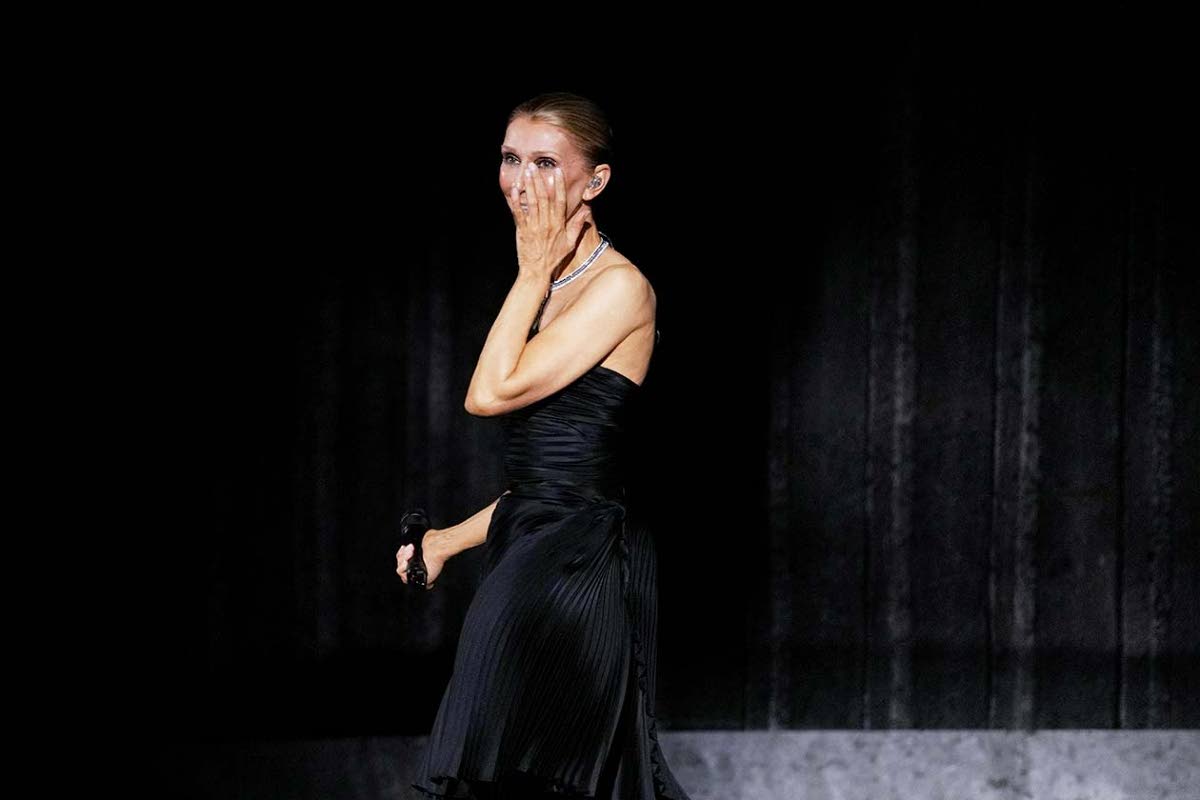 Singer Celine Dion reacts during the opening concert of her “Celine Dion Paris 2026” residency at the Plenitude Arena in Nanterre, France.