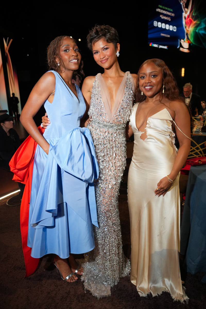 Three very different takes on red-carpet glamour. Ayo Edebiri embraces colour in a powder-blue Chanel dress finished with contrasting oversized bows; Zendaya shimmers in a crystal-covered custom Prada gown; while Quinta Brunson slips into a deconstructed i