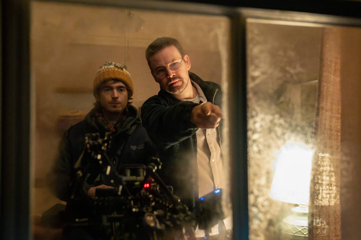  Austin Abrams (left) is photographed with director  Zach Cregger on the set of ‘Resident Evil’.
