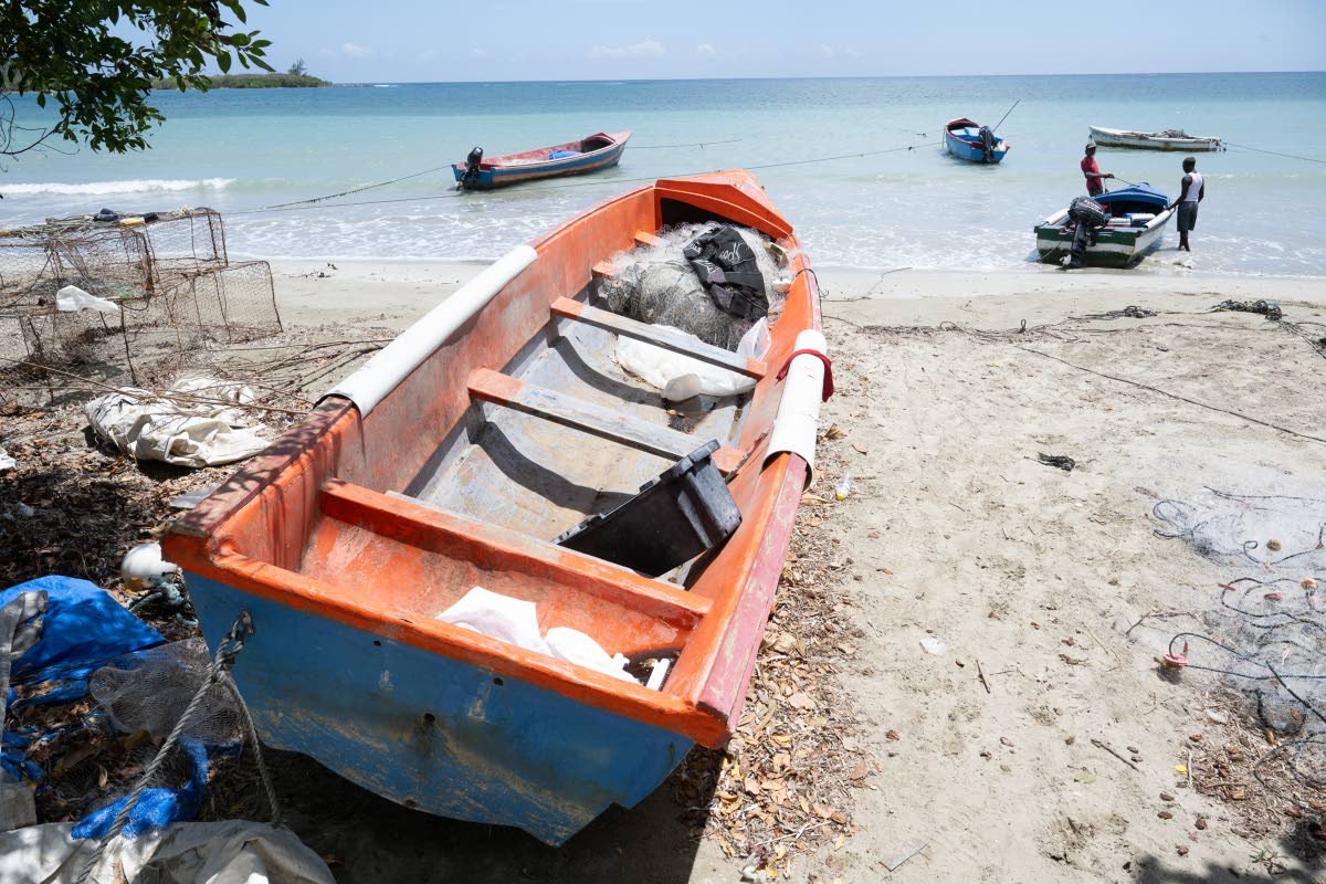A boat seen on the shore at the Prospect Public Beach where fishermen frequently store their vessels.