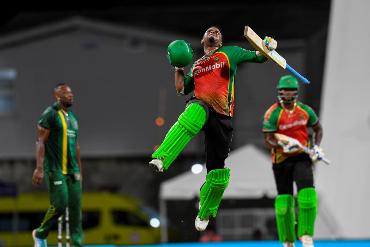 Courtesy of CPLT20 
Guyana Amazon Warriors batsman Shimron Hetmyer, clebrates scoring a century during a Republic Bank Caribbean Premier League cricket match against the Jamaica Kingsmen on Friday night. 