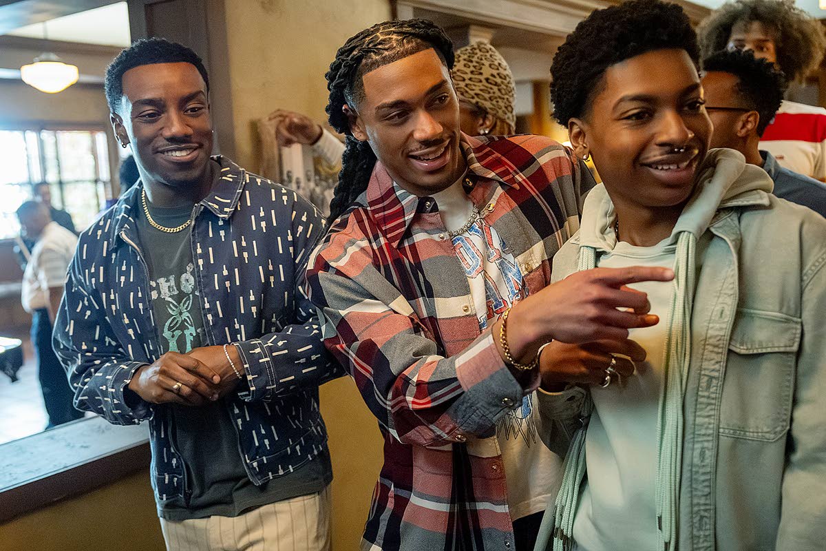 This image released by Netflix shows (from left) Chibuikem Uche, Cornell Young IV, and Jordan Aaron Hall in a scene from ‘A Different World’. 