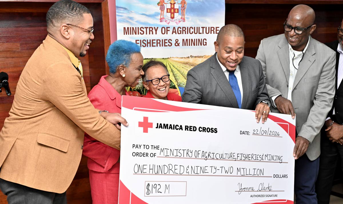From left: Brandon McFarlane, operations manager of IFRC Jamaica; Allasandra Chung, president of the Jamaica Red Cross (JRC); and Yvonne Clarke, director general of the JRC, present a cheque for $192 million to Floyd Green (second right), minister of agric