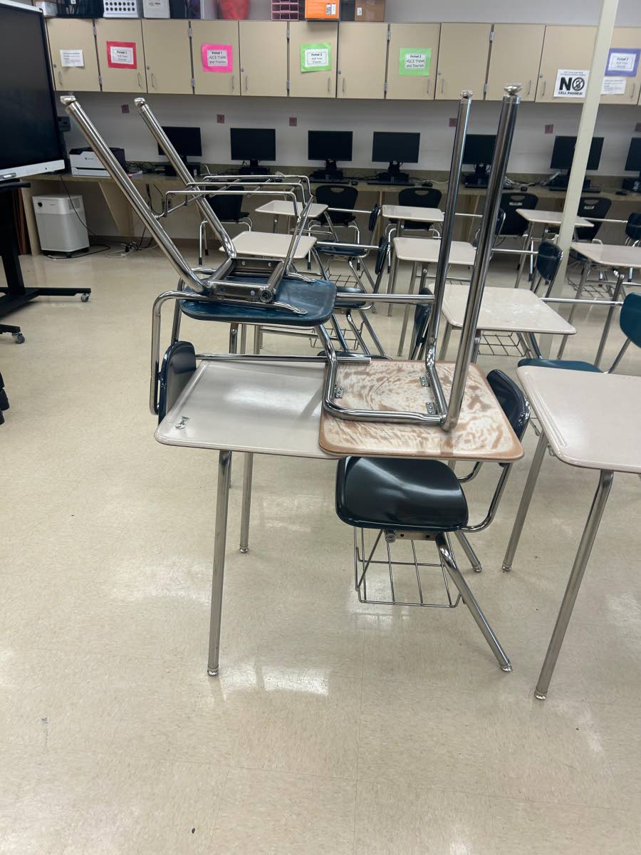 Reclaimed and donated furniture  shipped to a western Jamaica school and that are in use in classrooms that were renovated after Hurricane Melissa.