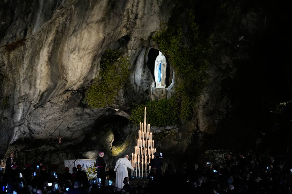 Pope Leo XIV arrives for a prayer at the Grotto of the Apparitions of Massabielle, in Lourdes, France, on Saturday.