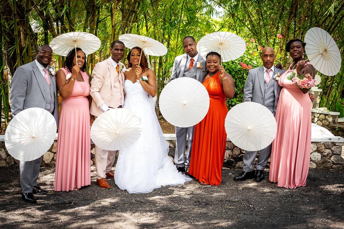 The bride and groom were overjoyed to have the support of their dedicated wedding party. From left: Duane Campbell; Lynda Crichton; the newly-weds, Andrew Jones (best man); Allison Johnson (maid of honour); Oniel Clacken and Andrene Gordon.
