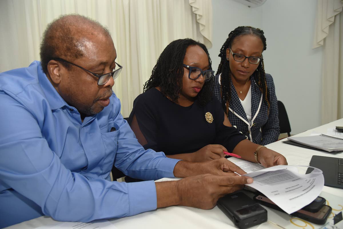 Trade unionist Lambert Brown (left) goes through documents with Dr Jubilee Brown-Service (centre), president of the Jamaica Medical Doctors Association (JMDA), and Dr Renee Badroe, immediate past president of the JMDA, on Tuesday.