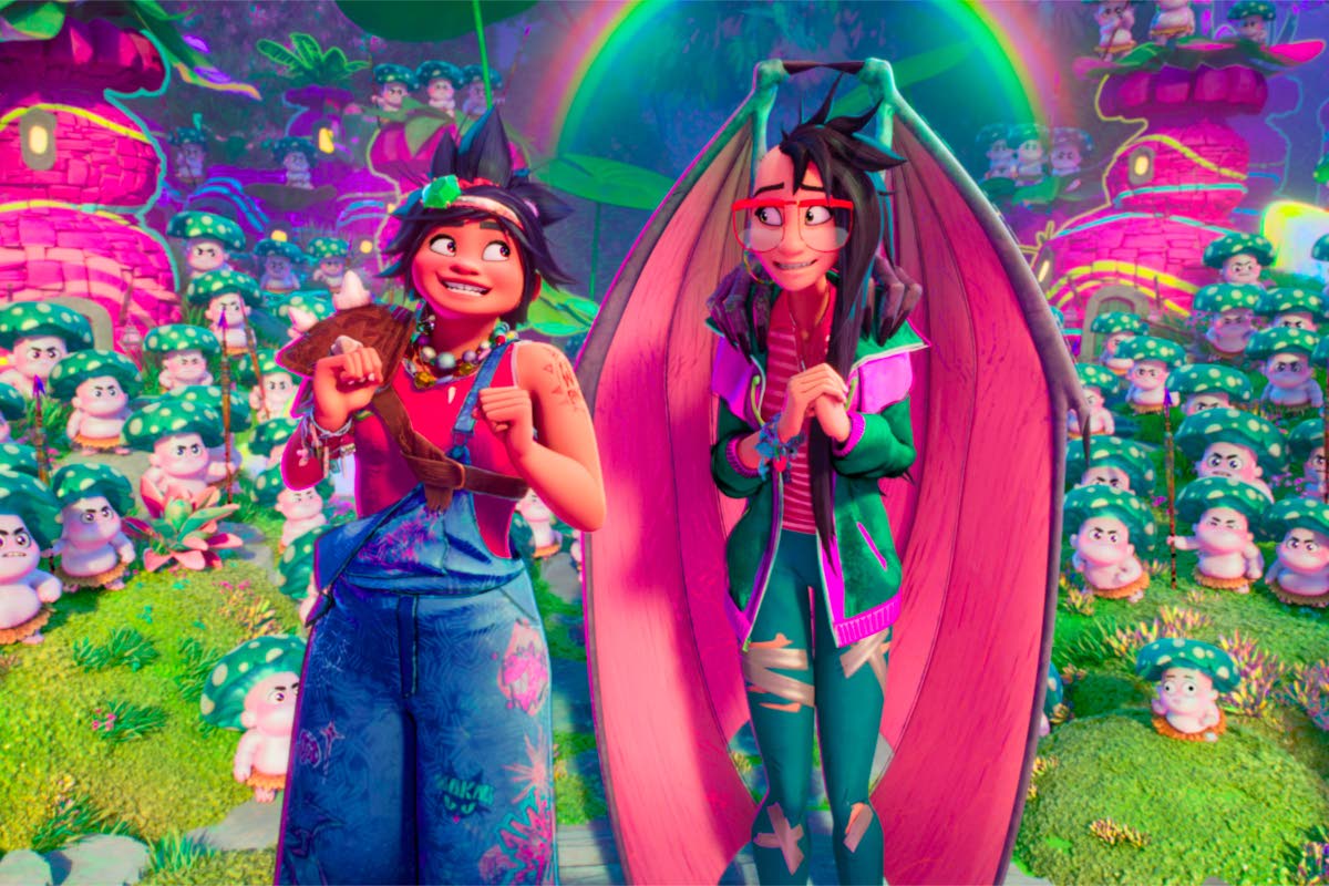 This image released by  DreamWorks Animation shows Jo, voiced by H.E.R. (left), and Raissa, voiced by Liza Soberano, in a scene from ‘Forgotten Island’.
