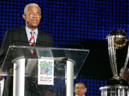West Indies’ cricket legend Sir Garfield Sobers speaks during the opening ceremony of the ICC Cricket World Cup at Trelawny Multi-Purpose Stadium, Jamaica, on March 11, 2007. 