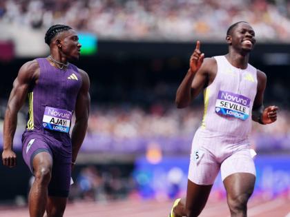 Courtesy of @Diamond_League/X 
Jamaica’s Oblique Seville (right) gives a wry smile after he is pipped on the line by Nigeria’s Kayinsola Ajayi during the London Diamond League.