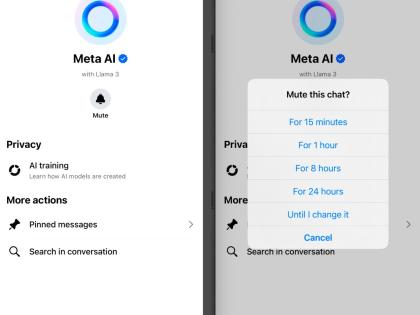 Two screenshots taken from a smartphone show the steps needed to mute the “Ask Meta AI anything” chatbot on the Facebook and Instagram apps. 