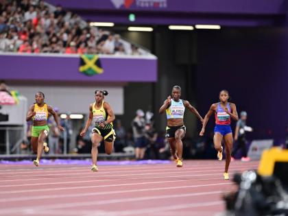 Athletes competing in the women’s 100m final on day two of the World Athletics Championships in Tokyo, Japan. From left: Shelly-Ann Fraser-Pryce, Marie-Josée Ta Lou, Tina Clayton, Julien Alfred, Melissa Jefferson-Wooden and Shericka Jackson. Jefferson-W