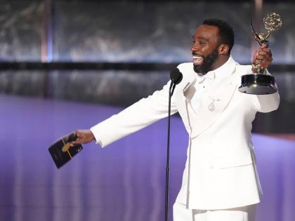 Tramell Tillman accepts the award for Outstanding Supporting Actor in a Drama Series for ‘Severance’ during the 77th Primetime Emmy Awards on Sunday, at the Peacock Theater in Los Angeles. 