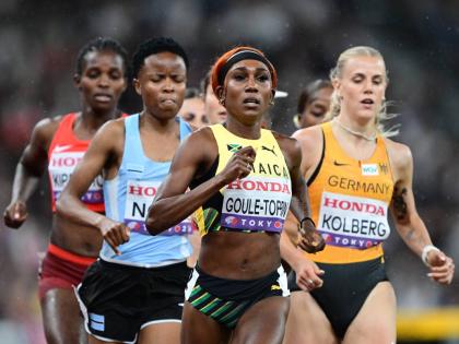 Jamaica's Natoya Goule-Toppin leads her 800-metre qualification heat at the World Athletics Championships inside the Japan National Stadium in Tokyo earlier today. 