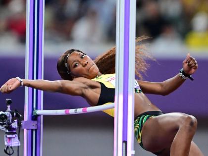 Jamaica’s Lamara Distin competing in the women’s high jump qualifiers at the Worlld Athletics Championships in Tokyo, Japan, yesterday. Distin failed to clear the 1.83 metres opening height. 