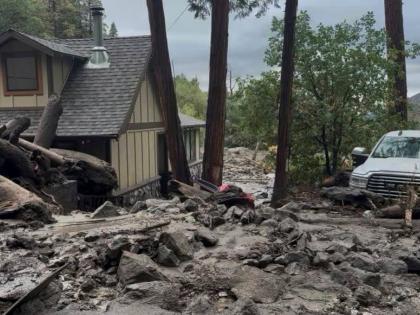 This photo provided by the San Bernardino County Fire Department shows damage caused by mudslides after storms in Forest Falls, Calif., on Thursday September 18, 2025. (San Bernardino County Fire Department via AP)
