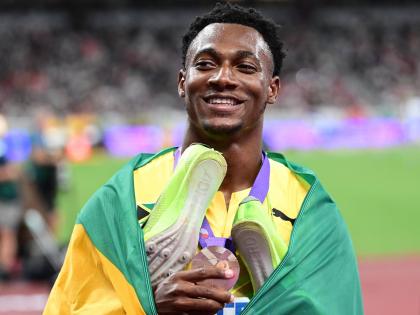 Bryan Levell of Jamaica celebrates bronze in the men’s 200m finals at the World Athletics Championships Tokyo 2025 held at the Japan National Stadium in Tokyo, Japan, yesterday Levell took the bronze in a time of 19.64, a personal best. 