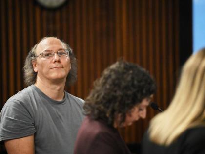 Lorenz Kraus, a 53-year-old man who was arrested for murder after telling a television news anchor that he killed his parents, is arraigned before Judge Joshua Farrell on Friday, September 26, 2025, at Albany City Court in Albany, N.Y. (Will Waldron/The Al
