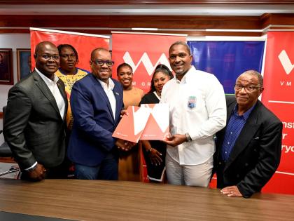 From left: Frederick Williams, VM Group’s chief financial officer; Byjeon Thomas, head coach, Harbour View FC; Paul Elliott, CEO, VM Building Society; Clover Moore, assistant vice president, group corporate affairs & communications; Latoya Williams, assi
