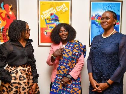
World Economic Forum Young Global Leaders alum Nadine Matthews Blair (left), Lady Mariéme Jamme (centre) and Mariame McIntosh Robinson at the S Hotel in New Kingston Thursday. 