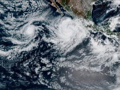 In this satellite image released by NOAA, Tropical Storm Priscilla forms in the easter Pacific off Mexico, October 5, 2025. (NOAA via AP)