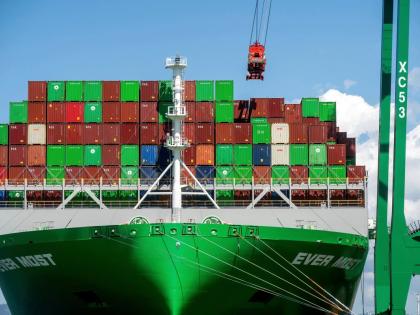 Shipping containers line the ‘Ever Most’ cargo vessel docked at the Port of Oakland on April 3, 2025, in Oakland, California.
