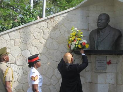 Governor General Sir Patrick Allen laying a wreath at the monument of National Hero Marcus Garvey in National Heroes Park on the occasion of Garvey’s 130th birthday in August 2017.