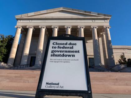 A sign that reads “Closed due to federal government shutdown”, is seen outside of the National Gallery of Art in Washington, October 6, 2025.