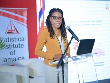 Director, Censuses, Demographic and Social Statistics, Stacy-Ann Robinson, addresses the Statistical Institute of Jamaica (STATIN) Quarterly Press Briefing, held on Wednesday (October 15) at S Hotel in Kingston. 