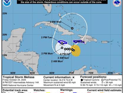 NOAA’s 7 p.m. update on October 25 for Tropical Storm Melissa.