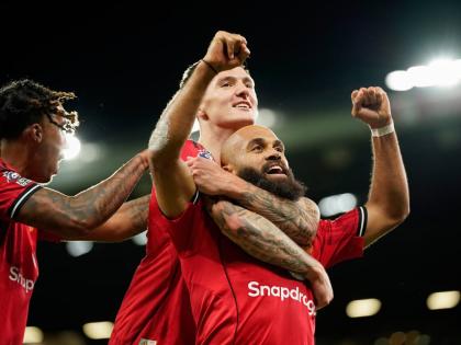 
Manchester United’s Bryan Mbeumo (right) celebrates with Benjamin Sesko (centre) after scoring his side’s third goal during the English Premier League football match against Brighton & Hove Albion in Manchester, England, yesterday.