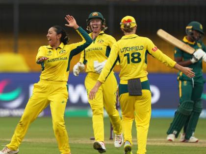 
Australia’s Alana King (left) celebrates with teammates, the wicket of South Africa’s Sinola Jafta, during the ICC Women’s Cricket World Cup match in Indore, India, yesterday.