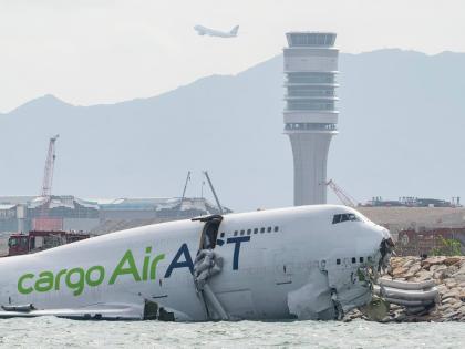 The cargo aircraft that skidded off a Hong Kong airport runway.