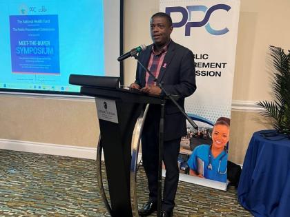 Chief Executive Officer, National Health Fund, Everton Anderson, gives the welcome address at the ‘Meet-The-Buyer’ Symposium co-hosted by the Public Procurement Commission and NHF on October 14, at the Courtleigh Hotel and Suites.
