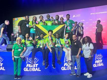 The double bronze medal winning Jamaica Robotics team at the FIRST Global Robotics Olympics in Panama City. 