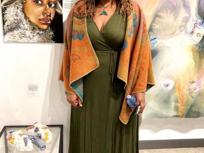 Jamaican ceramic ocean activist artist, Anna-K Cuffe, with her pieces at the second Art in Motion exhibition titled ‘Eco Art Expressions’ held at Withrow Common Gallery at Exhibition Place in Toronto.