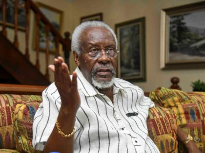 Former Prime Minister P. J. Patterson speaking with The Gleaner at his St Andrew home on Tuesday.