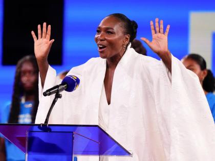 Venus Williams speaks during a ceremony at Arthur Ashe Stadium between matches during the women’s singles semifinals of the US Open tennis championships on September 4 in New York. 